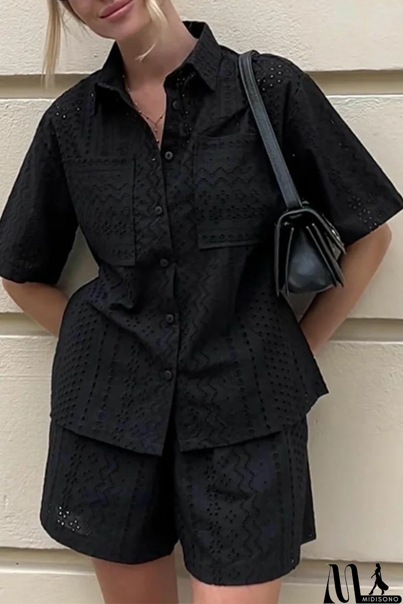 MidiSono - Casual Daily Solid Color Lace Pocket Turndown Collar Short Sleeve Two Pieces
