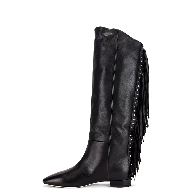 Women's Black Fashion Boots Pointy Toe Fringe Boots |FSJ Shoes