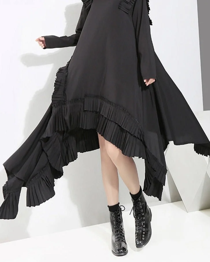 UForever21 Women Black Irregular Hem Ruffles Dress New Round Neck Long Sleeve Loose Fit Fashion Tide Spring Autumn 2023 JI045