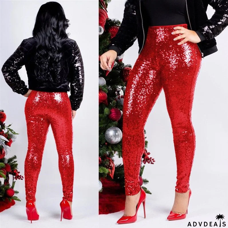 Rose Gold Sequin Slim Shiny Skinny Pencil Pants