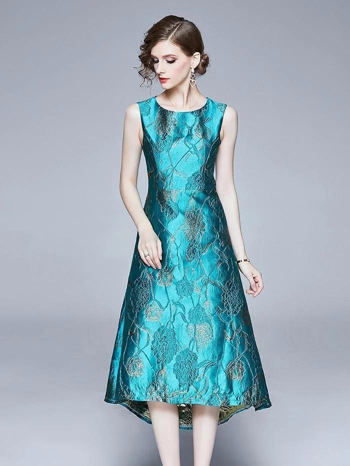 Green round neck sleeveless jacquard dovetail irregular dress