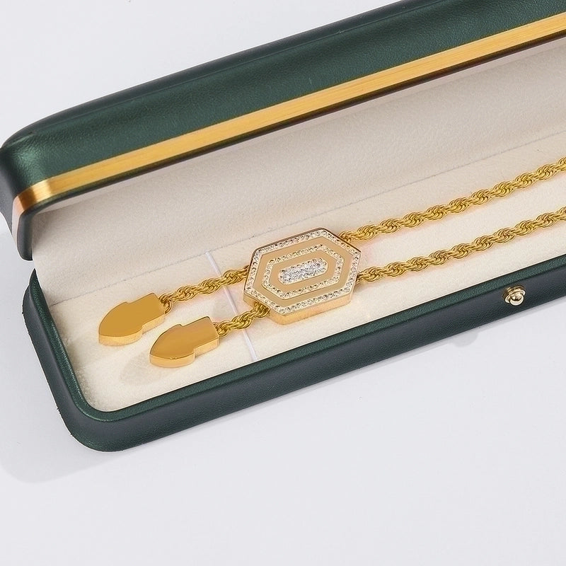 Retro Minimalist Commute Hexagon Twist Titanium Steel Rhinestones 18K Gold Plated Chain Inlay Bracelets Necklace