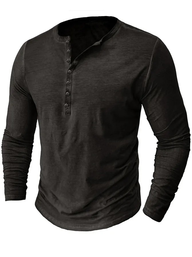 Men's Washed Distressed Cotton V-neck Henley Vintage Long-sleeved T-shirt PLUSCLOTHESMAN