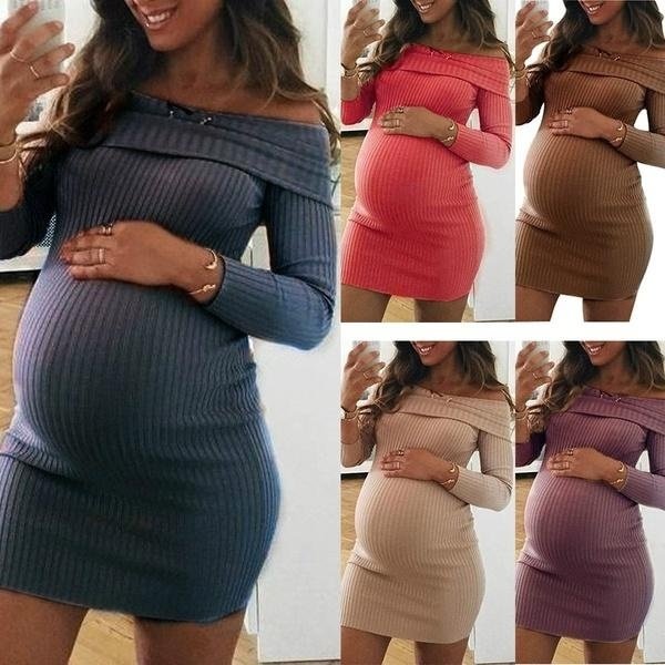 Women's Fashion Long Sleeve Off Shoulder Knitted Sweater Maternity Dress Pregnant Women Dress Maternity Clothes - Shop Trendy Women's Clothing | LoverChic