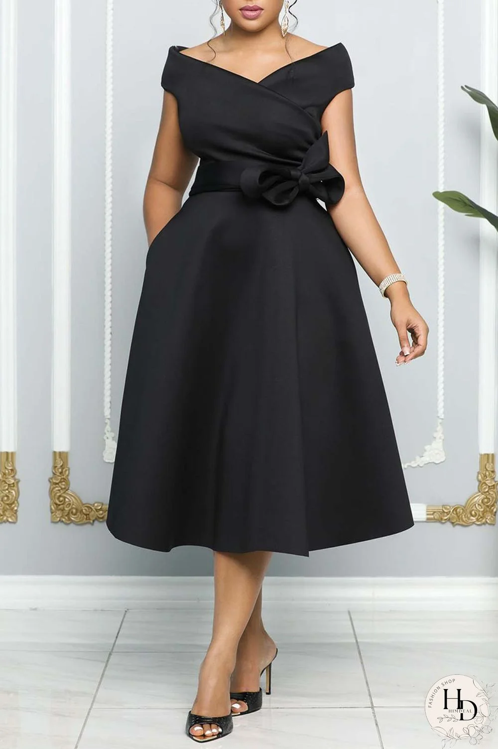 Black Elegant Solid Patchwork Off the Shoulder A Line Dresses