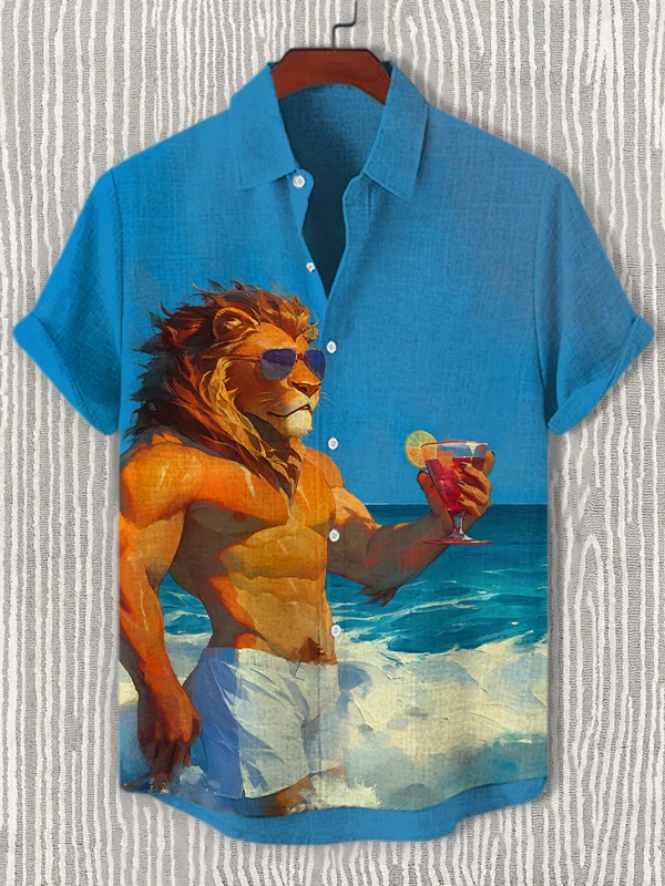 Men's Strong Lion Holiday Cocktail Art Print Casual Shirt