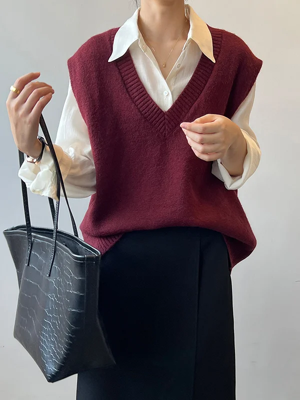 Stylish Sleeveless Pure Color V-Neck Knitted Vest