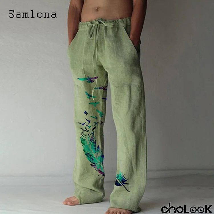 Men Pocket Design Linen Fabric Drawstring Loose Plus Size Fashion Feather Print Pants