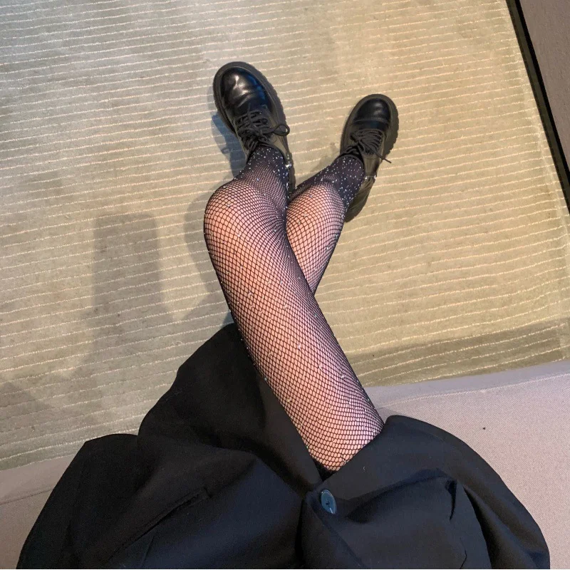 Brownm [With Diamonds] Black Stockings Women Thin Ins Tide Sexy Hollow Fishing Net Socks Spring Hot Diamond Crystals Even Foot Socks