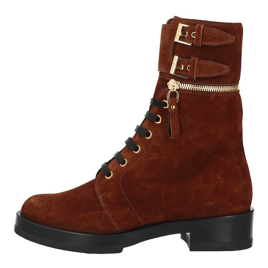Brown Platform Low Block Heel Buckled Zipper Lace Up Booties for Women