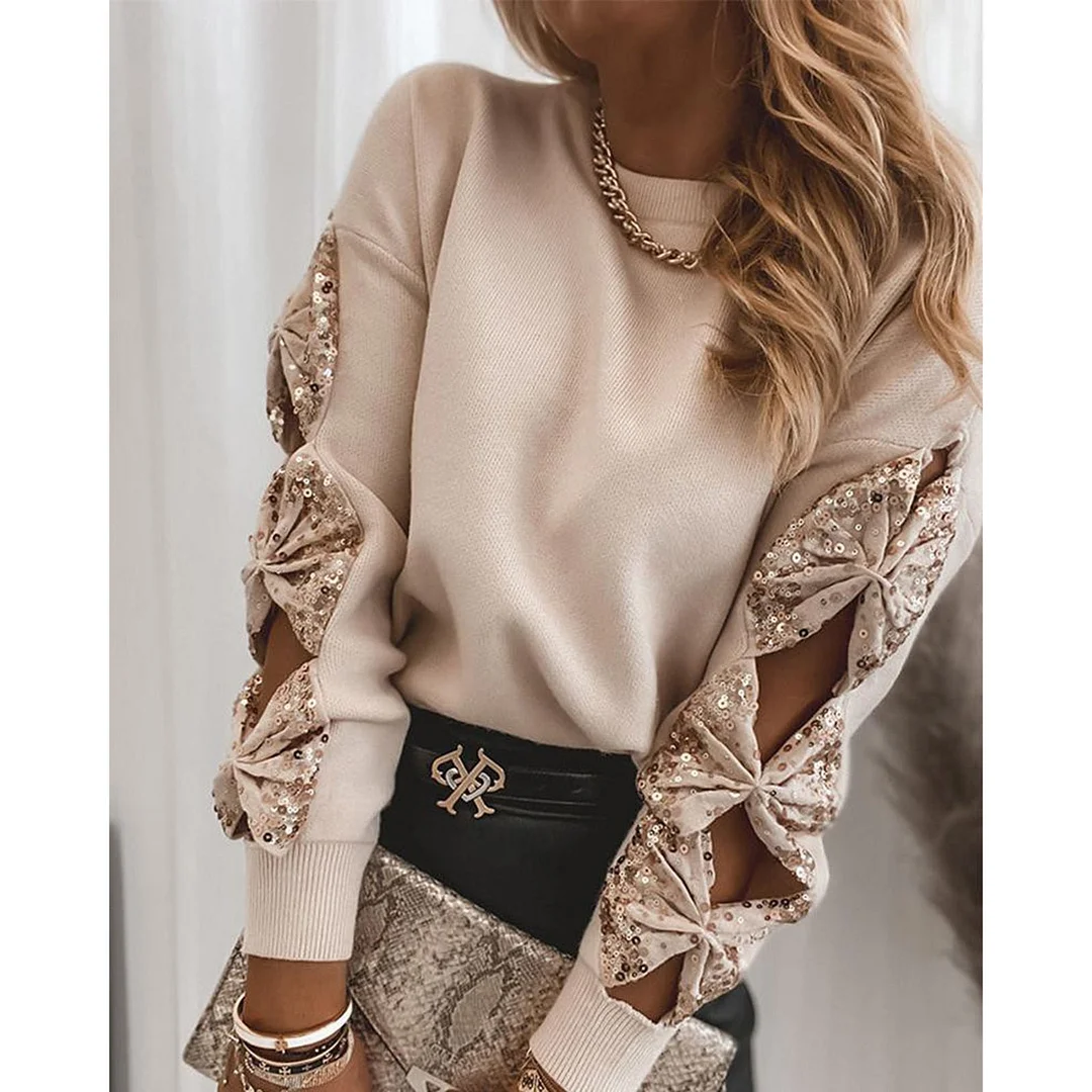 Women Elegant Blouse Shirts 2021 Spring Fall Ladies Sequin Bowknot Hollow Long Sleeve Knit Sweater Casual Tops Blouses Female