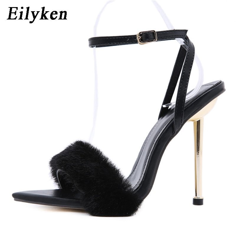 Eilyken 2022 New Pink White Women Sandals Sexy Open Toe Furry Fur Summer High-Heeled Sandals Ladies Wedding Stripper shoes