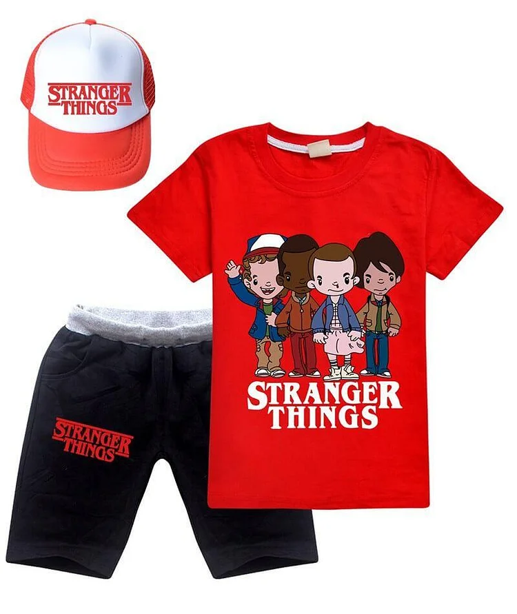 Girls Boys Stranger Things Cotton T Shirt And Shorts Outfit With Hat-Mayoulove