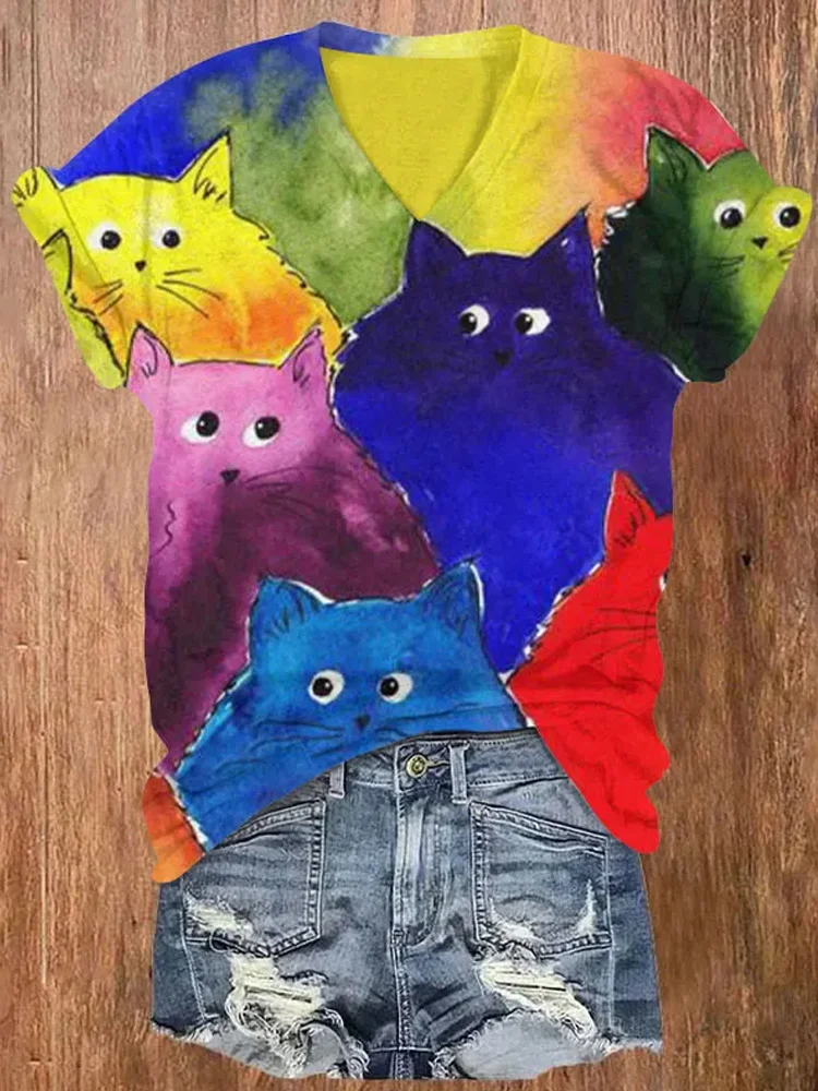 Watercolor Rainbow Cats Print V-neck T-shirt