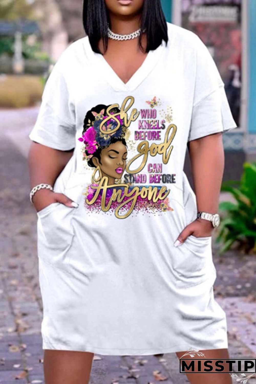 White Rose Red Casual Print Patchwork V Neck Straight Dresses