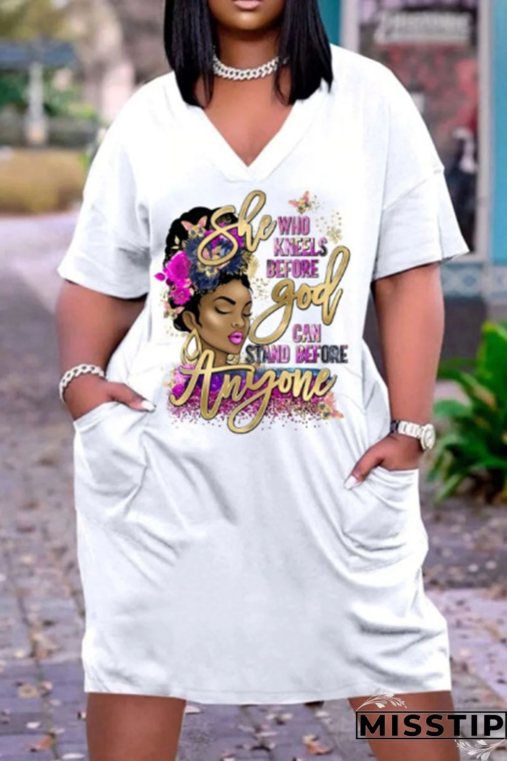 White Rose Red Casual Print Patchwork V Neck Straight Dresses