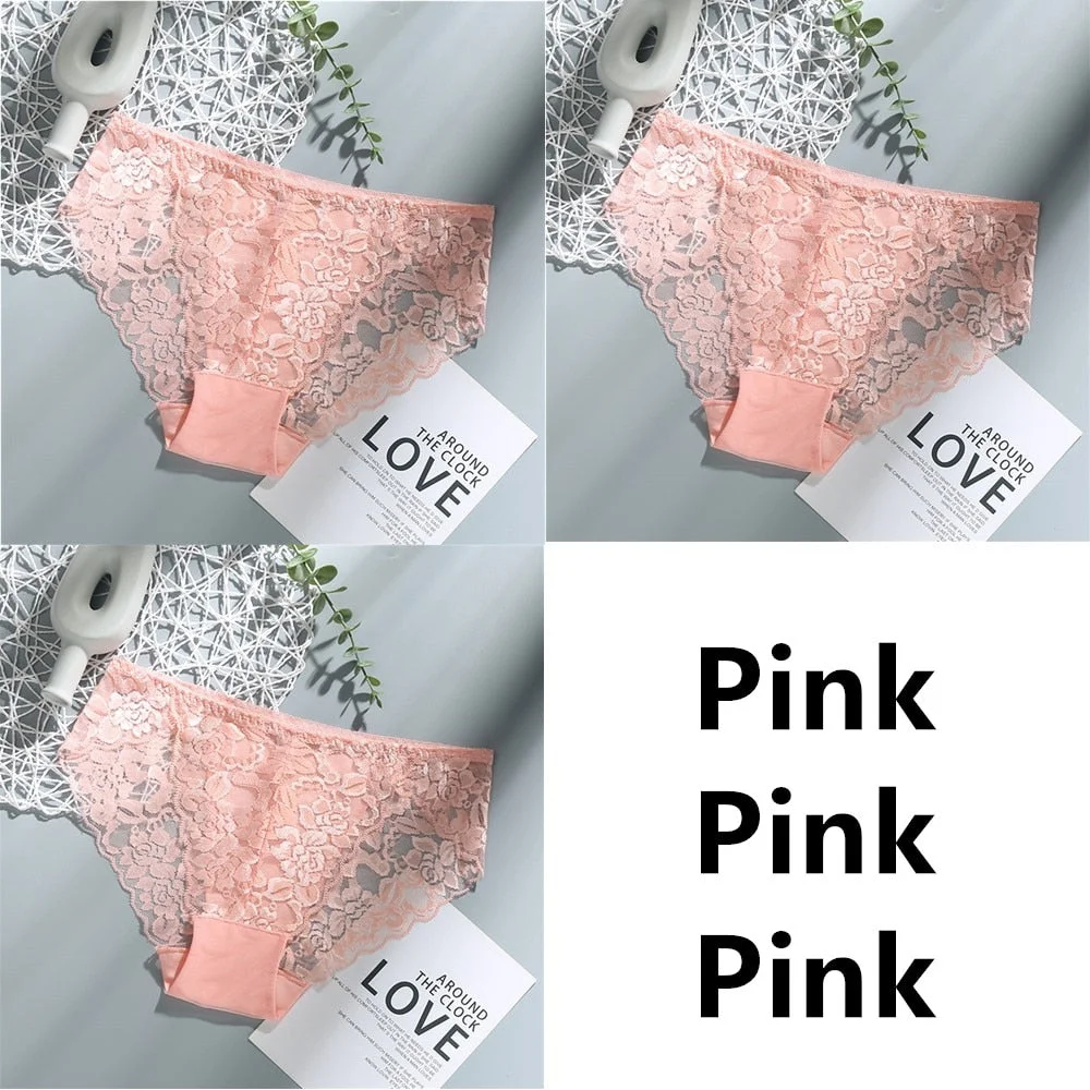 3Pcs Sexy Low Waist Women's Underwear Lace Plus Size Seamless Panties Breathable Lingerie Female Briefs Solid Hollow Underpants