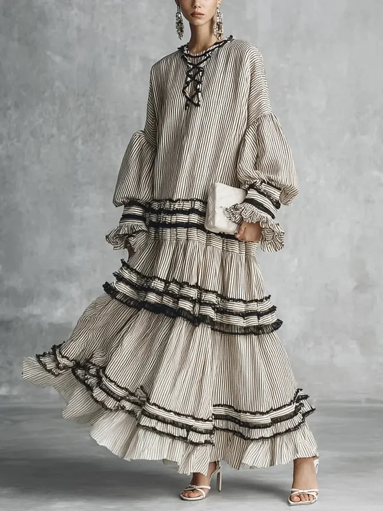 Women's Casual Stylish Vacation Art Striped Ruffled Cotton Maxi Dress