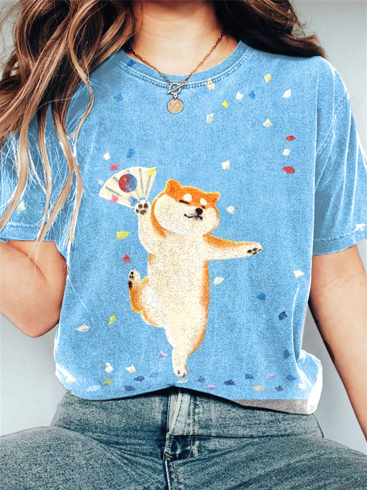 Comstylish Japanese Art Shiba Inu Pet Dog Print Casual Cotton T-Shirt
