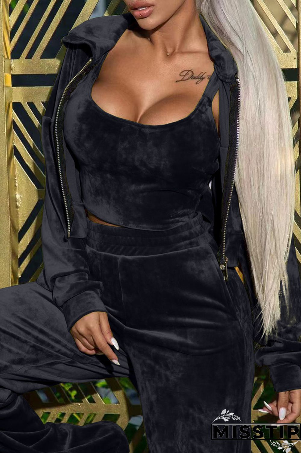 Blue Casual Solid Patchwork Hooded Collar Long Sleeve Three-piece Set