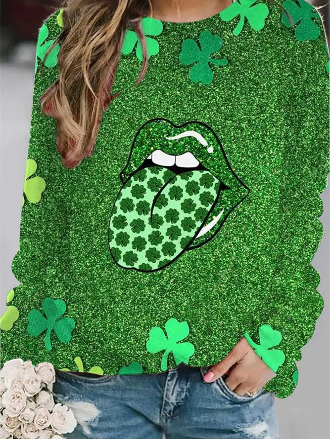 Women's Long Sleeve Scoop Neck Four Leaf Clover Printed Graphic Tops