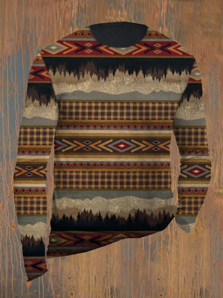 Western Ethnic Pattern Print Long Sleeve Crewneck T Shirt