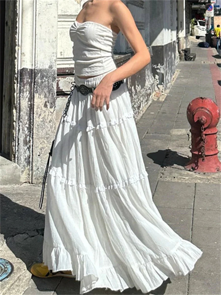 Oocharger Fairycore Elegant White Flowy Hem Long Skirts Women Elastic Waist Ruffle Lace Trim Flare A-Line Skirts Retro Streetwear