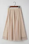 Women's Elegant Apricot Tulle Mesh Overlay Flared Midi Skirt