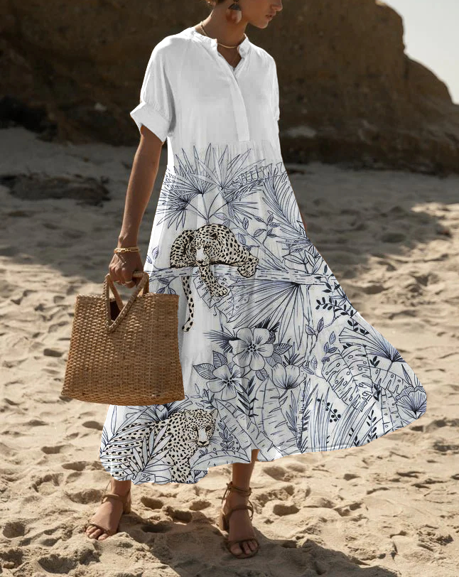 Women's Short Sleeve Beach Loose Cheetah Print Dress Large Hem Long Skirt socialshop