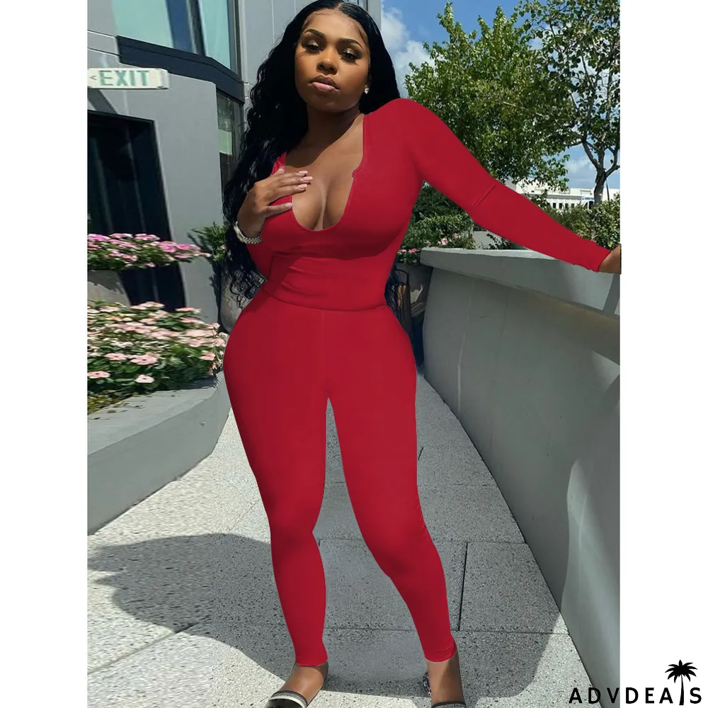 Solid Long Sleeve Stretchy Slim Two Piece Pants Set