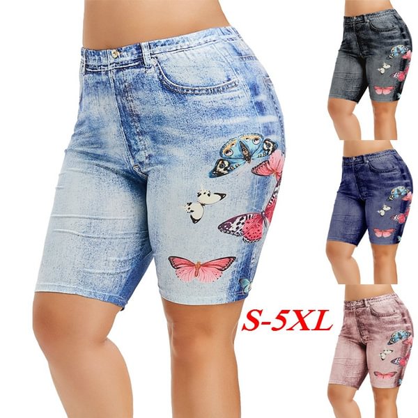 New Women Fashion Plus Size Skinny Butterfly Print Casual Jeggings Faux Denim Jean Shorts Pants - Life is Beautiful for You - SheChoic