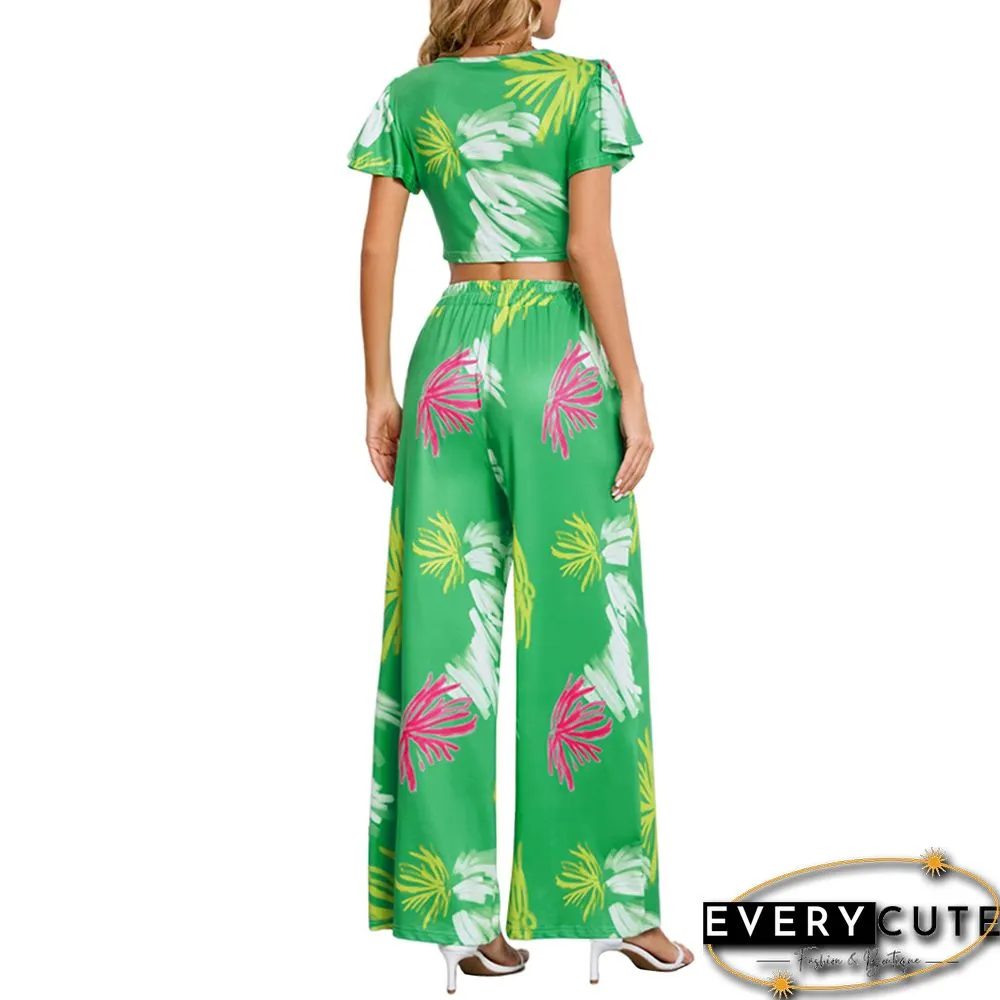 Green Printed V Neck Crop and Wide Leg Pant Set