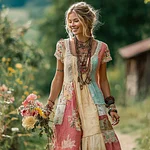 Women's Floral Color Block Round Neck Short Sleeve Long Dress - Image 2