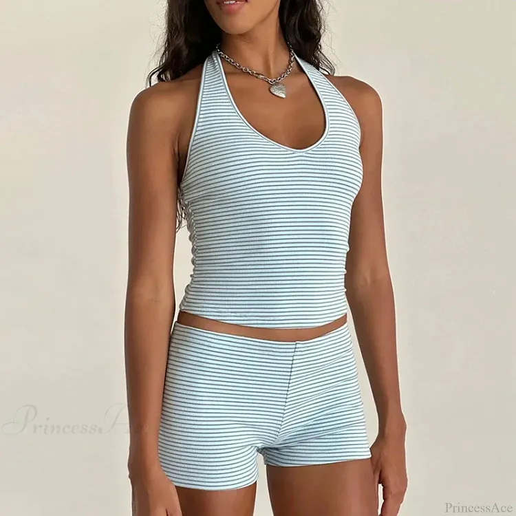 Stripes Print Sleeveless V Neck Halter Crop Low Waist Shorts Two Pieces Set