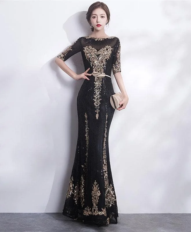 Black Round Neck Lace Mermaid Long Prom Dress, Black Evening Dress