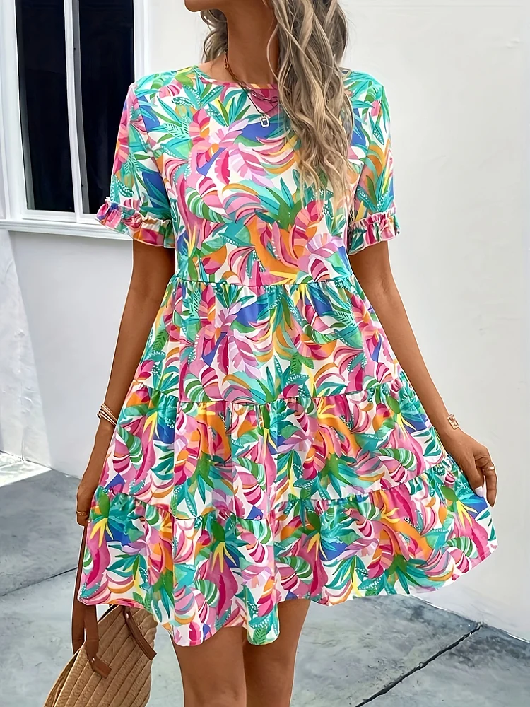 Women's Tropical Print A-Line Dress - Casual Short Sleeve, Round Neck, Vibrant Floral Design, Lightweight Polyester, Perfect For Spring & Summer, Casual Attire | Tropical Print Dress | Lightweight Fabric