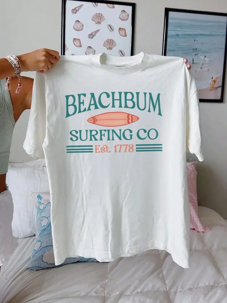 Beach Bum Print T-shirt Short Sleeve Crew Neck Casual Top For Summer & Spring Women's Clothing