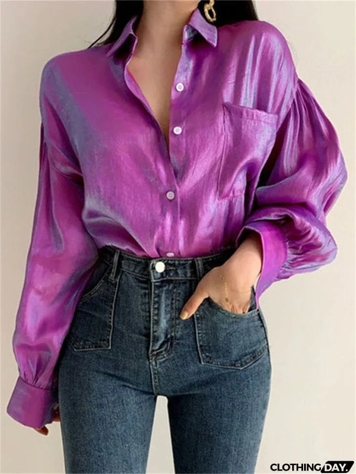 Charming Ladies Lantern Sleeve Lapel Collar Button Glimmer Blouse