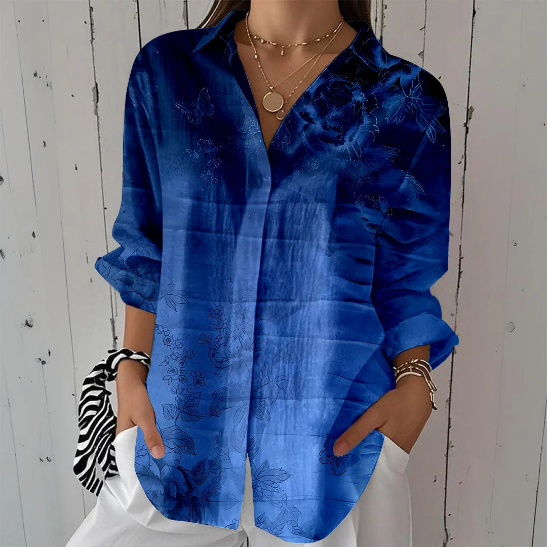 Style & Comfort for Mature Women Women Floral, Blue DZCL0447 3/4 Sleeve Shirt Collar Printed Button Tops