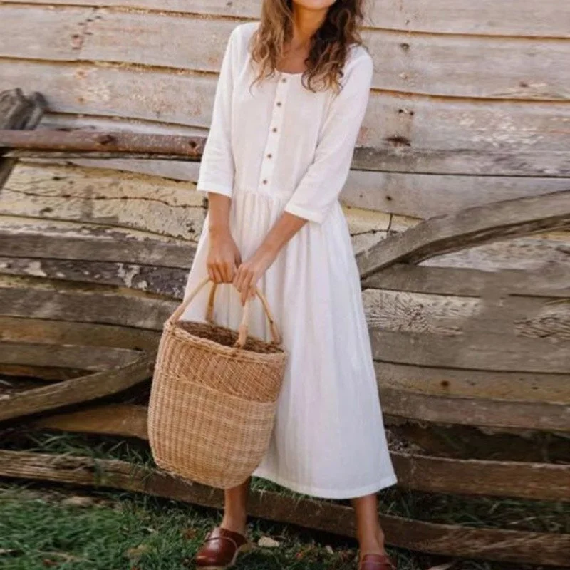 2022 Spring Summer Women Solid Cotton Linen Casual Dress Elegant Buttons O Neck Three Quarter Sleeve Ladies Sundress Beach Style