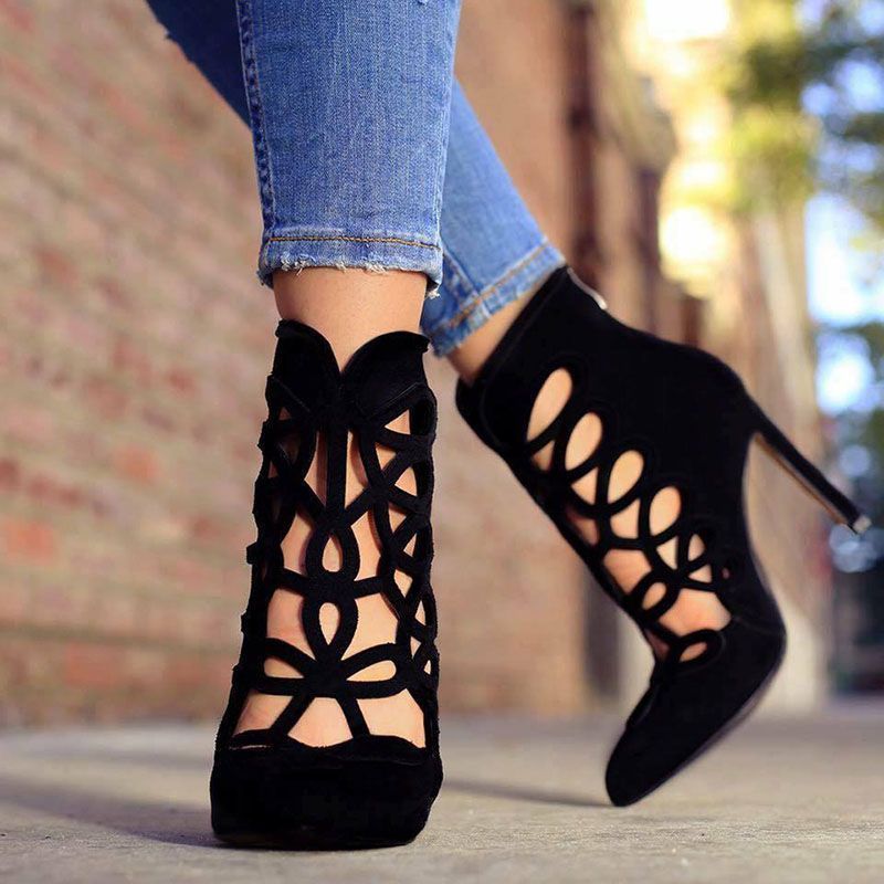 GOOSHOE Black Suede Pointy Toe Hollow out Boots