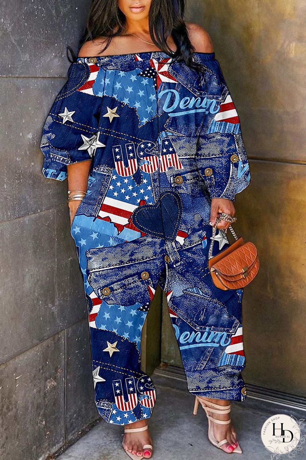 Red Blue Casual Print Backless Off the Shoulder Regular Jumpsuits