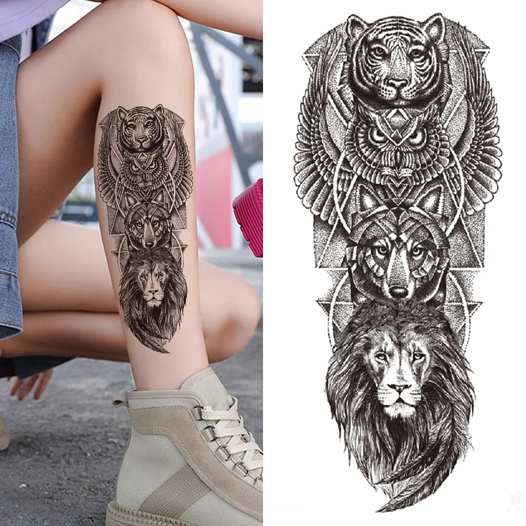 Sdrawing Lion Temporary Tattoo For Men Women Adult Kid Black Compass Wolf Tattoos Sticker Cross Flower Crown Body Art Tatoos Thigh