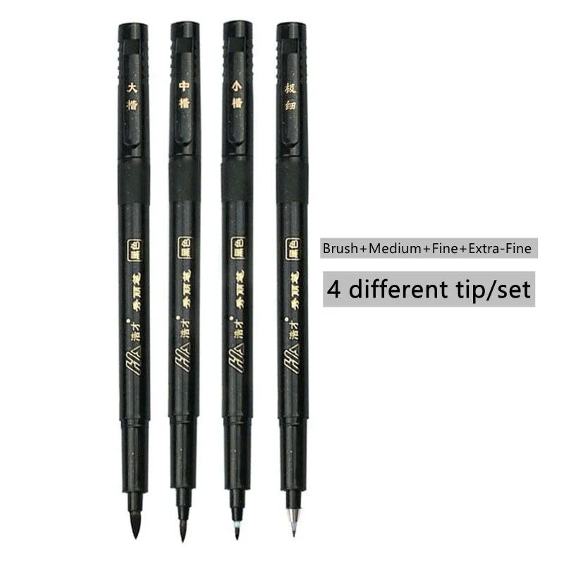 4pcs Hand Lettering Calligraphy Pen Set Extra Fine Brush Waterproof Pigment for Beginners Writing Signature Drawing Art Supplies