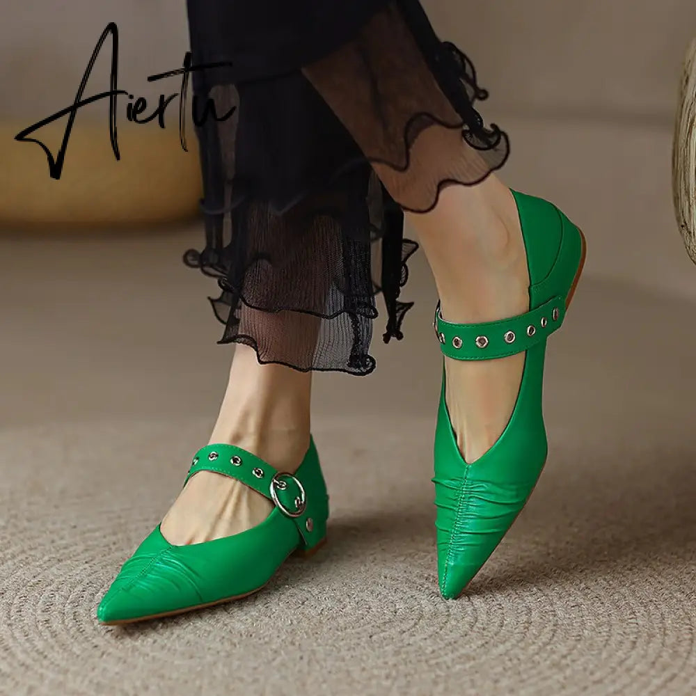 Genuine Leather Mary Jane Women's Shoes Fashion Retro Buckle Shallow Pumps Pointed Toe Low-heel Handmade Shoes Woman Size 34-40 Aiertu