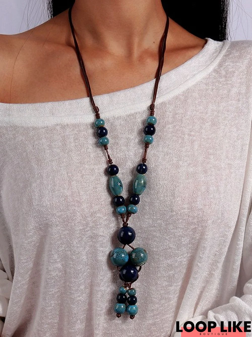 Boho Holiday Beaded Ceramic Leather Cord Long Necklace Sweater Chain Beach Dress Ethnic Jewelry