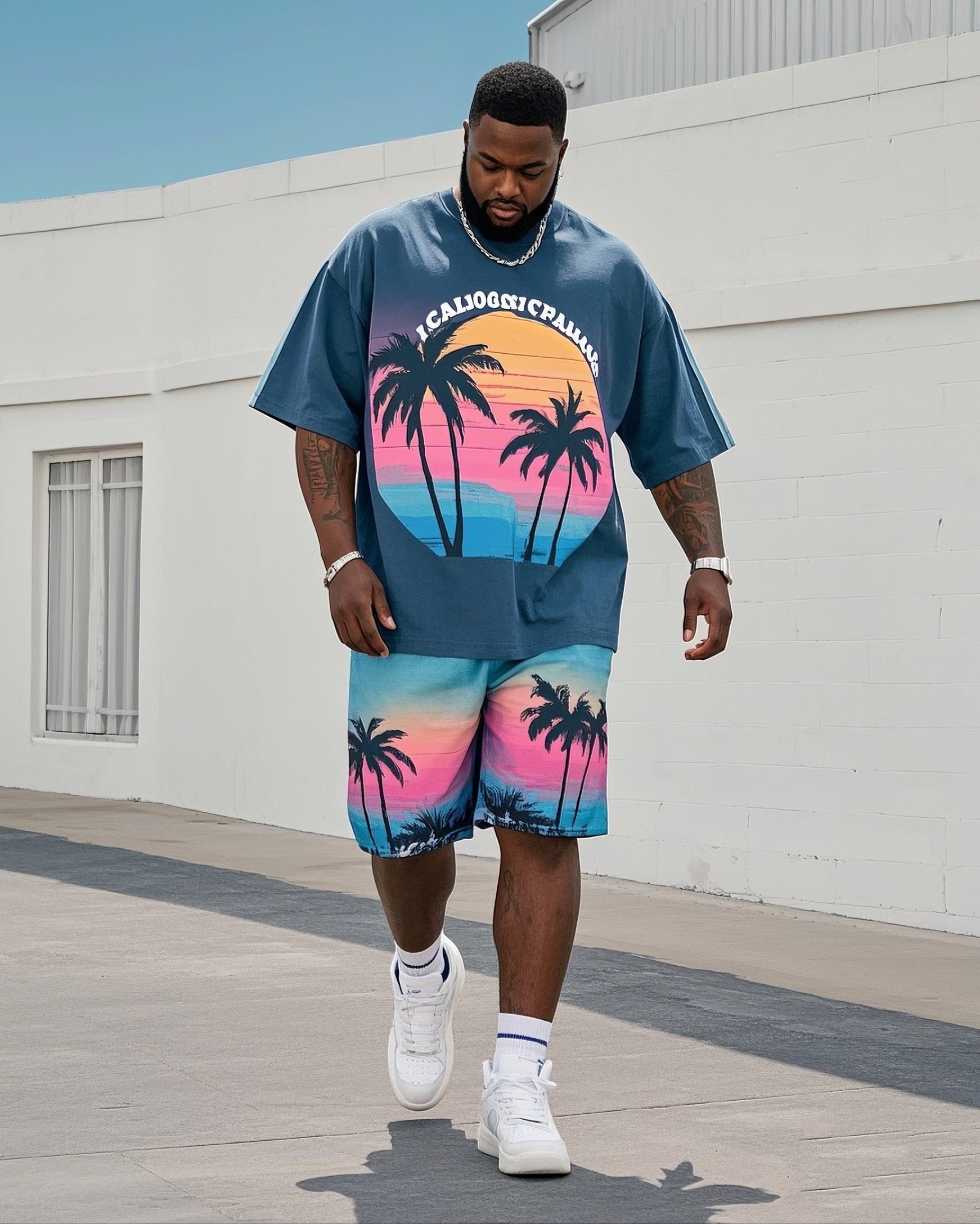 Big Boy Street Fashion Dusk Coconut Tree Print Short Sleeve T-Shirt Shorts Suit