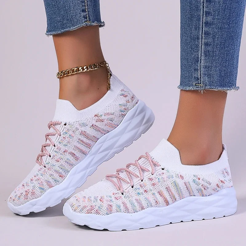 Canrulo Colorful Knitted Sneakers for Women Autumn Breathable Thick Bottom Sports Shoes Woman Slip On Walking Shoes Size 43