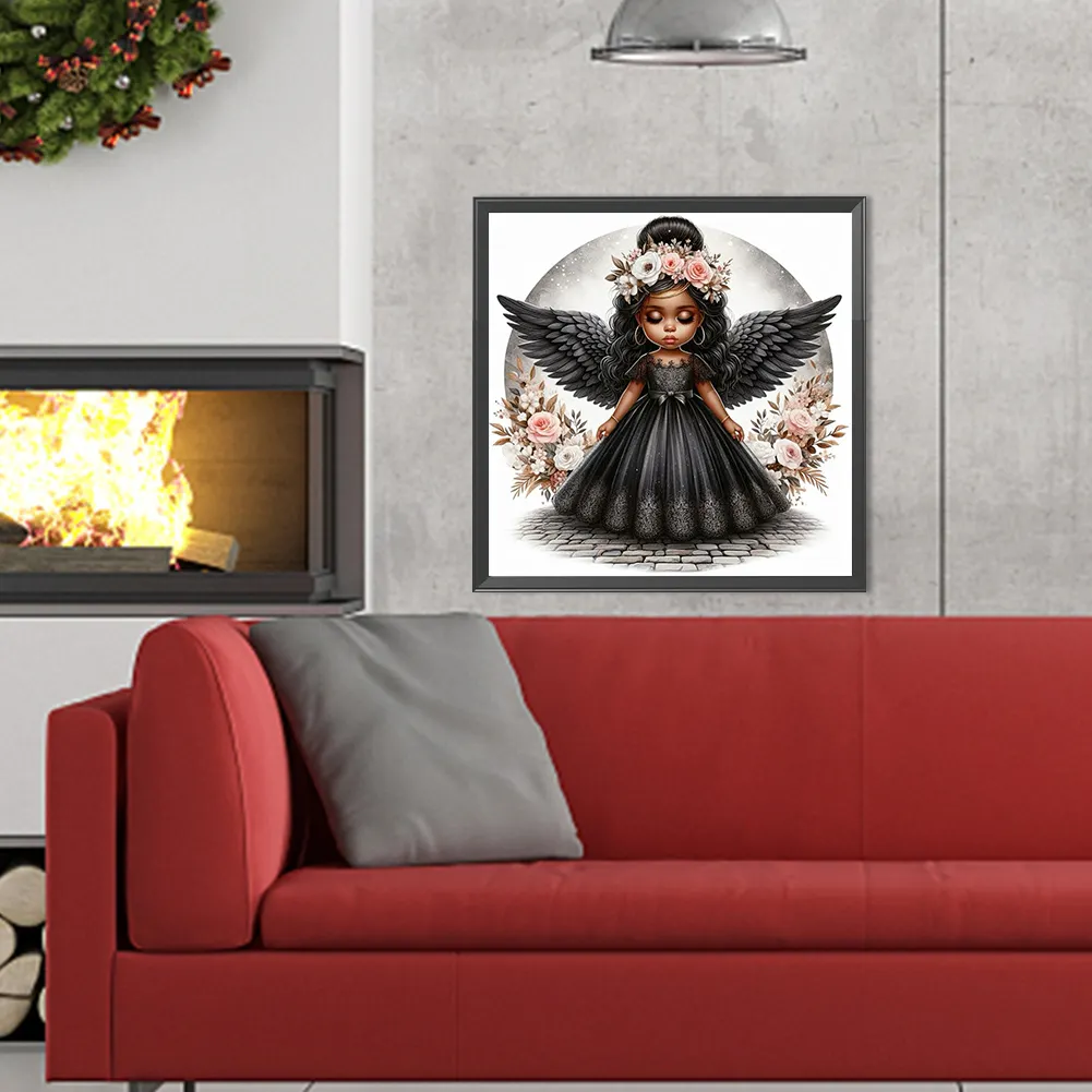 Diamond Painting - Full Round Drill - Black Angel Girl(Canvas|40*40cm)