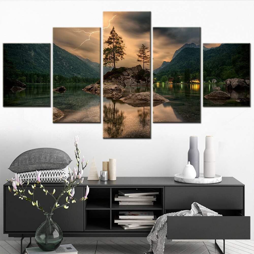 5 Pieces Canvas Art Set Aesthetic Room Decor Decoration Salon Landscape Lake Rocks Forests Lightning Print Modern Picture